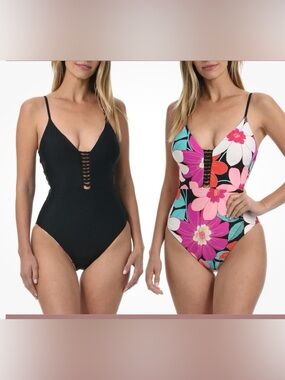 NWT La Blanca Black Floral adjustable Reversible One-Piece Swimsuit Vacation